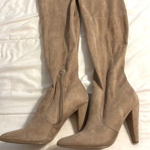 Beige high knee heel boots